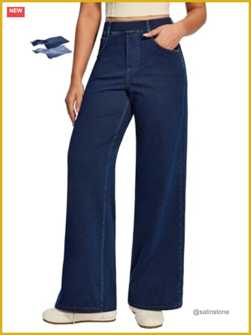Tummy Control Wide Leg Pull-On Jeans for Women with Pockets